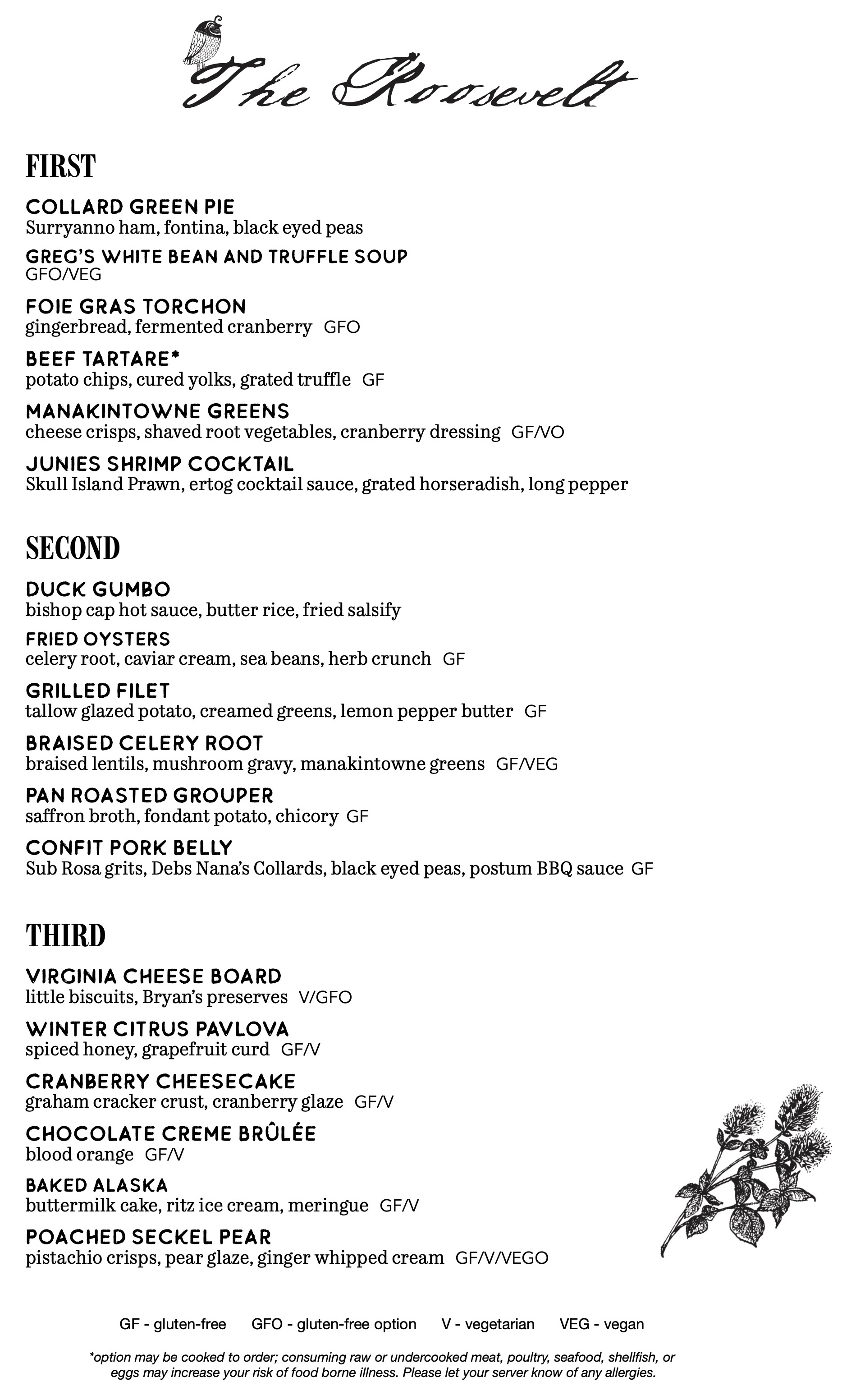 New Year's Eve menu for The Roosevelt